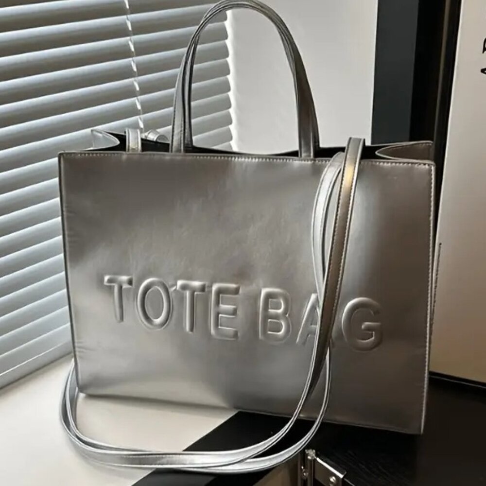 Stylish Silver Embossed TOTE BAG Handbag - Vegan Leather Shoulder Bag for Women